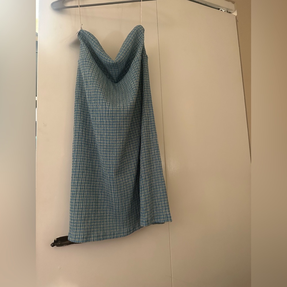 Aritzia strapless blue & green plaid dress.